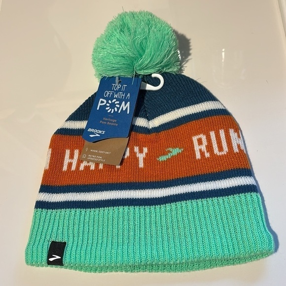 Brooks Unisex Run Happy Heritage Pom Beanie New with tags! - Picture 2 of 10